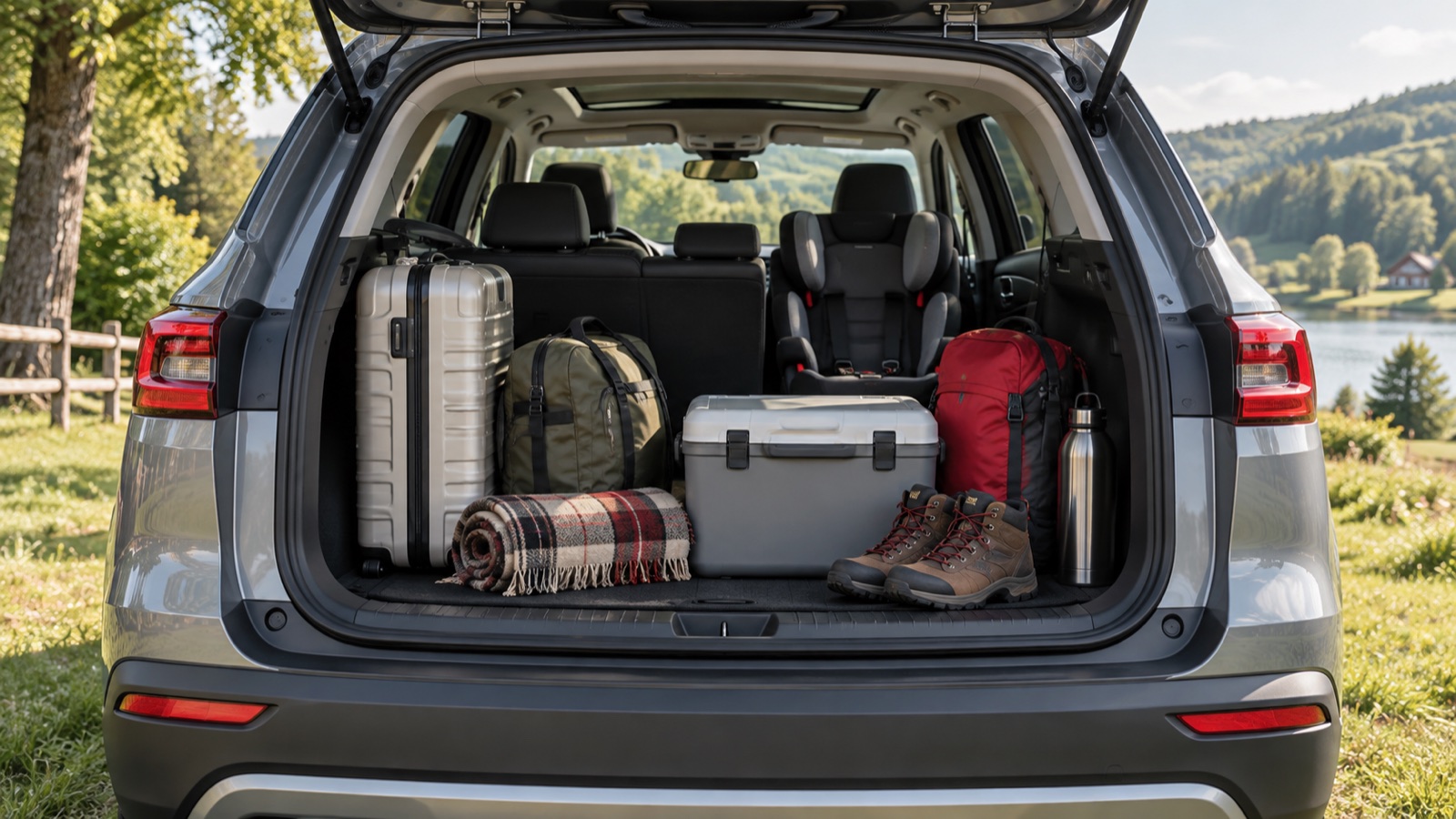Roomy trunk of a family crossover with things for travel